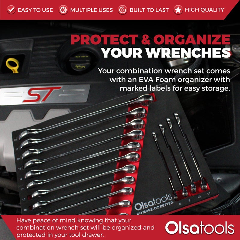 Olsa Tools 15 Pcs Metric Combination Wrench Set, Sizes 8-22mm, Unbreakable, Chrome Vanadium Steel, Polycarbonate - Image 2